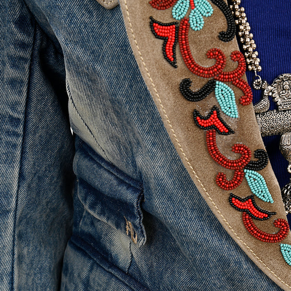 ADBZ031 Luxury Denim Blazer Featuring Multi-Color Beaded Genuine Suede Accents