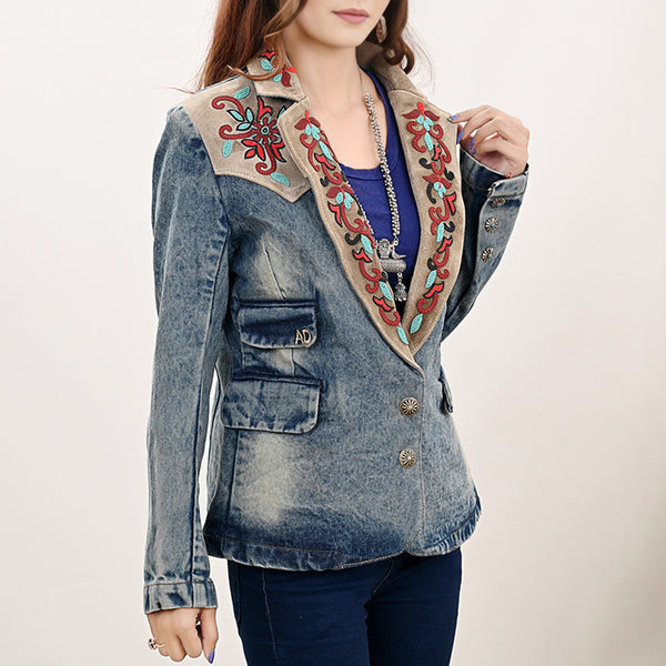 ADBZ031 Luxury Denim Blazer Featuring Multi-Color Beaded Genuine Suede Accents