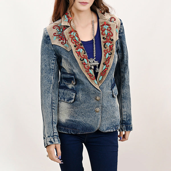 ADBZ031 Luxury Denim Blazer Featuring Multi-Color Beaded Genuine Suede Accents