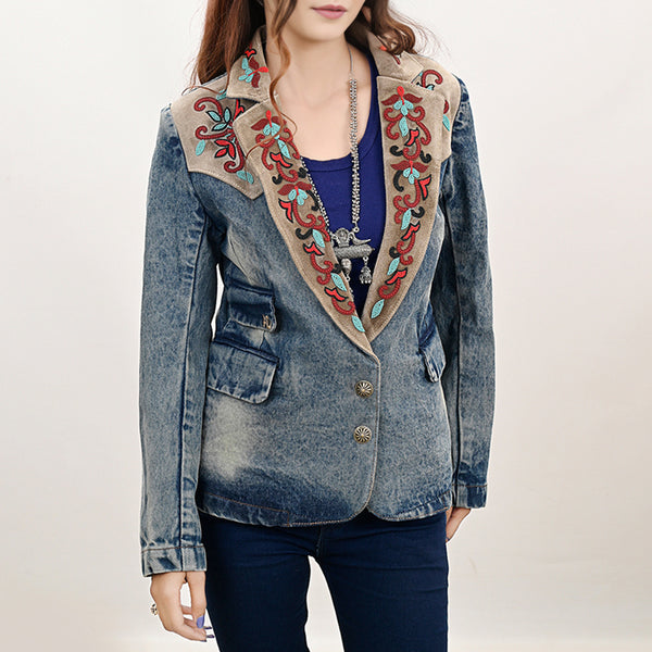 ADBZ031 Luxury Denim Blazer Featuring Multi-Color Beaded Genuine Suede Accents