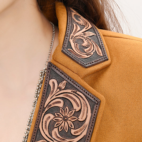 ADBZ033 Mustard Fabric Western Blazer with Hand-Tooled Harness Leather Trim