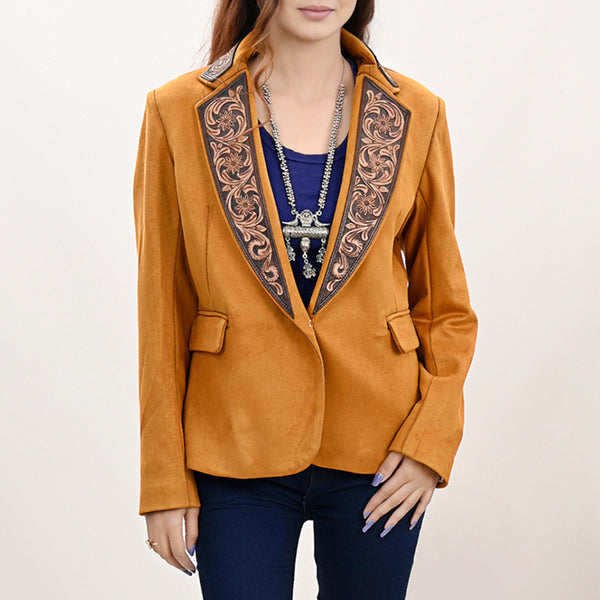 ADBZ033 Mustard Fabric Western Blazer with Hand-Tooled Harness Leather Trim