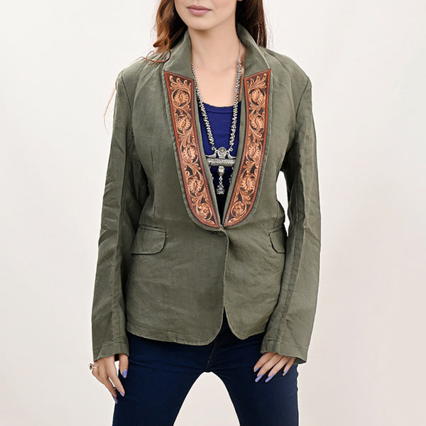 ADBZ035 Women Green Fabric Jacket Featuring Carved Harness Leather Lapels