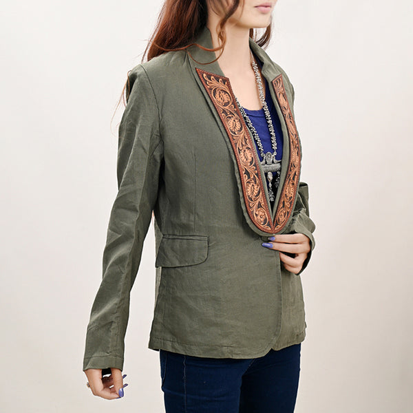 ADBZ035 Women Green Fabric Jacket Featuring Carved Harness Leather Lapels