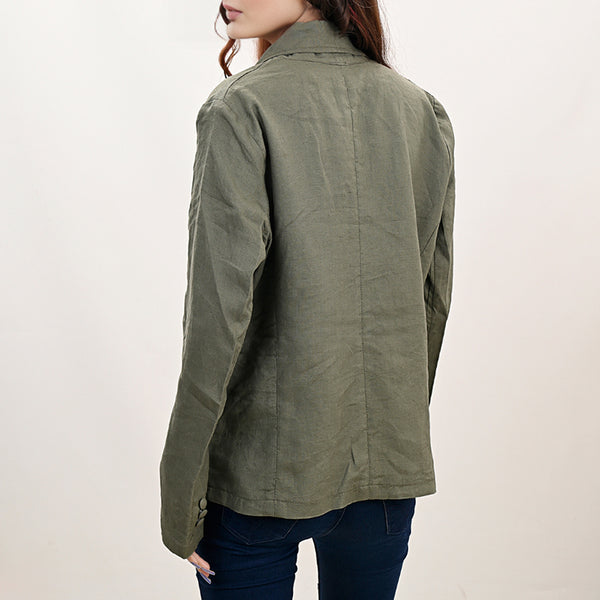 ADBZ035 Women Green Fabric Jacket Featuring Carved Harness Leather Lapels