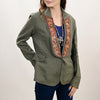 ADBZ035 Women Green Fabric Jacket Featuring Carved Harness Leather Lapels