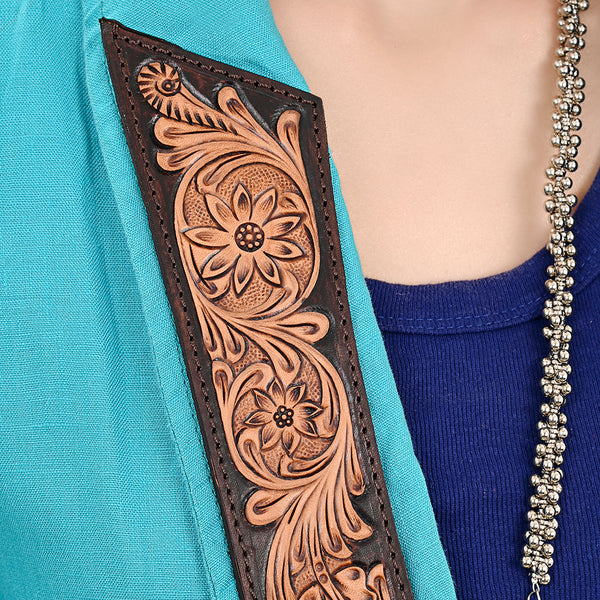 ADBZ036 Turquoise Western Fabric Blazer with Hand-Tooled Harness Leather Trim & Pockets