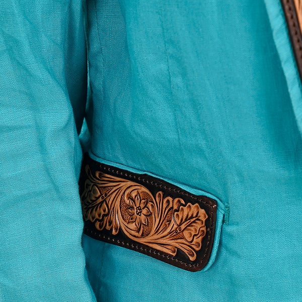 ADBZ036 Turquoise Western Fabric Blazer with Hand-Tooled Harness Leather Trim & Pockets