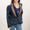 ADBZ044 Premium Denim Jacket Featuring Floral Carved Harness Leather Lapels