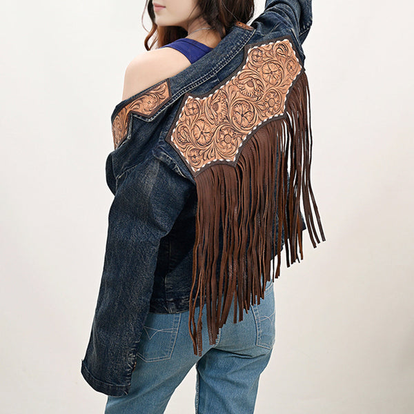 ADBZ044 Premium Denim Jacket Featuring Floral Carved Harness Leather Lapels