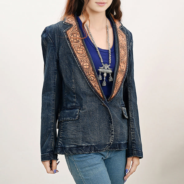 ADBZ044 Premium Denim Jacket Featuring Floral Carved Harness Leather Lapels