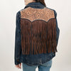 ADBZ044 Premium Denim Jacket Featuring Floral Carved Harness Leather Lapels