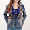ADBZ045 Floral Carved Harness Leather Lapel Women's Denim Western Jacket