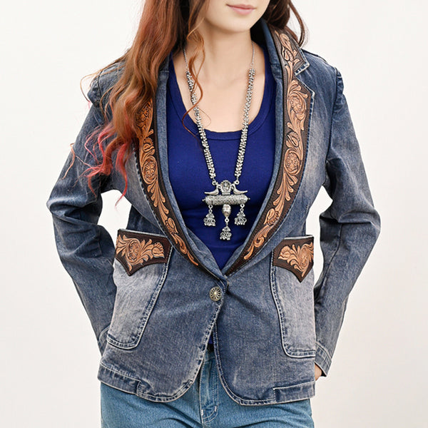 ADBZ045 Floral Carved Harness Leather Lapel Women's Denim Western Jacket