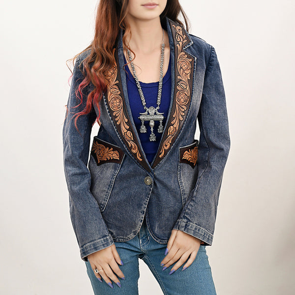 ADBZ045 Floral Carved Harness Leather Lapel Women's Denim Western Jacket