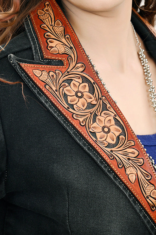 ADBZ048 Western Style Denim Blazer with Authentic Harness Leather Detailing