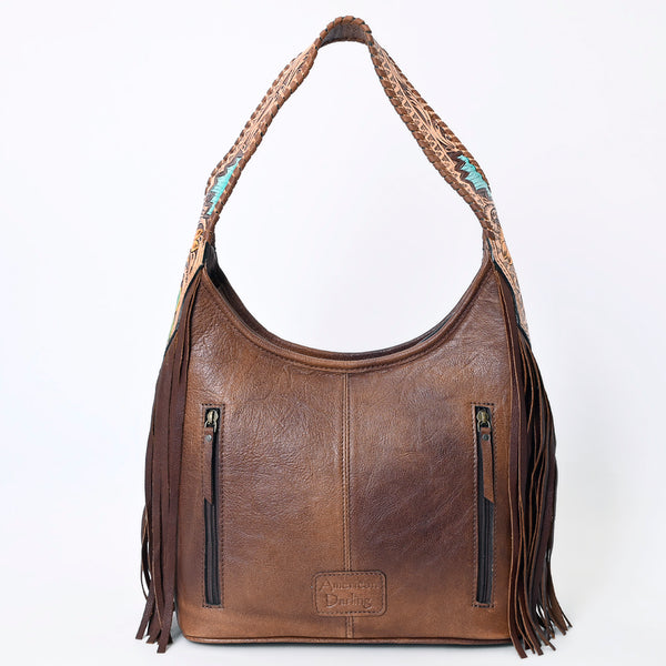 ADBG803 American Darling Hand Tooled Leather Hobo Bag with Hand Woven Saddle Blanket and Fringes