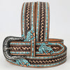ADBLF221 Turquoise Rodeo Cowboy Hand-Tooled Leather Belt with Silver Buckle