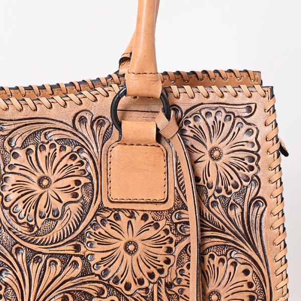 ADBGZ768 Natural Tooled Leather Tote Bag with Tassel - Western Floral Handbag
