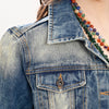 LC-ADJKT030 Women's Western Denim Jacket with Tooled Sunflower Yoke & Turquoise Feather Fringe Detail