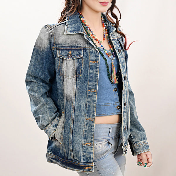 LC-ADJKT030 Women's Western Denim Jacket with Tooled Sunflower Yoke & Turquoise Feather Fringe Detail