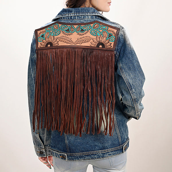 LC-ADJKT030 Women's Western Denim Jacket with Tooled Sunflower Yoke & Turquoise Feather Fringe Detail