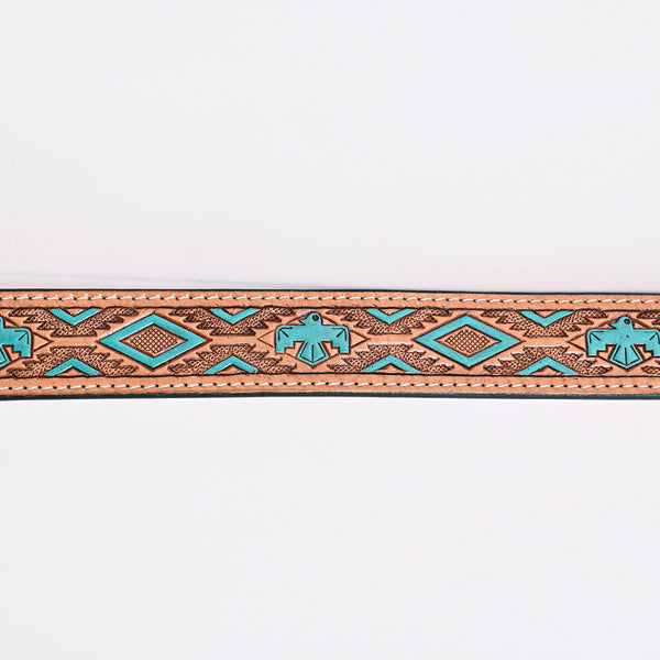 ADBLF173 Western Handtooled Leather Belt - Turquoise Thunderbird & Tribal Geometric Design