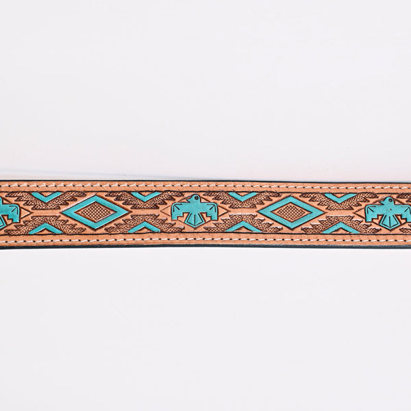 ADBLF173 Western Handtooled Leather Belt - Turquoise Thunderbird & Tribal Geometric Design