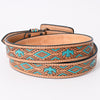 ADBLF173 Western Handtooled Leather Belt - Turquoise Thunderbird & Tribal Geometric Design