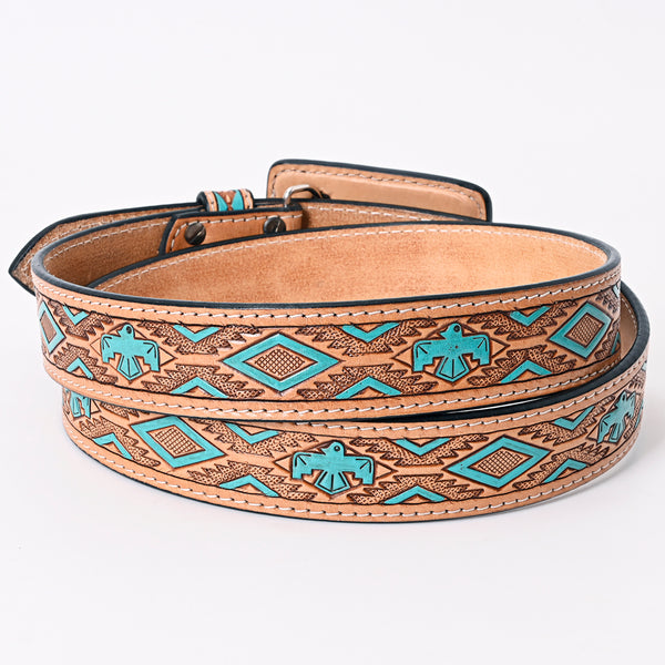 ADBLF173 Western Handtooled Leather Belt - Turquoise Thunderbird & Tribal Geometric Design