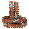 ADBLF177 Handtooled Western Leather Belt - Turquoise Accents & Floral Buckle