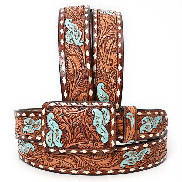 ADBLF177 Handtooled Western Leather Belt - Turquoise Accents & Floral Buckle