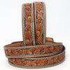 ADBLF179 Handtooled Western Leather Belt - Turquoise-Edge Floral Scroll with Matching Buckle