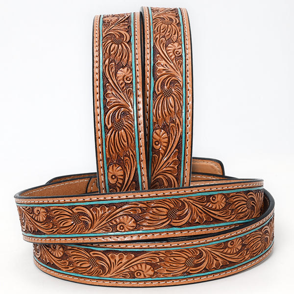 ADBLF179 Handtooled Western Leather Belt - Turquoise-Edge Floral Scroll with Matching Buckle