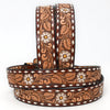 ADBLF184 Handtooled Western Leather Belt - White Daisy Floral Design with Matching Buckle