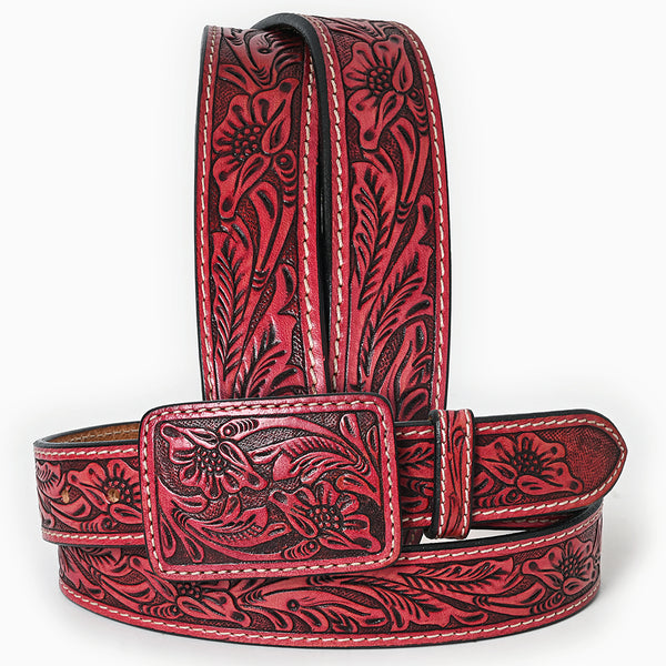 ADBLF233 Red Tooled Leather Belt with Matching Floral Buckle