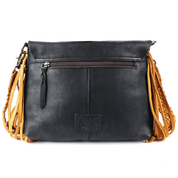 ADBGM283 Tribal Leather Crossbody - Fringe, Bone Accent & Braided Strap
