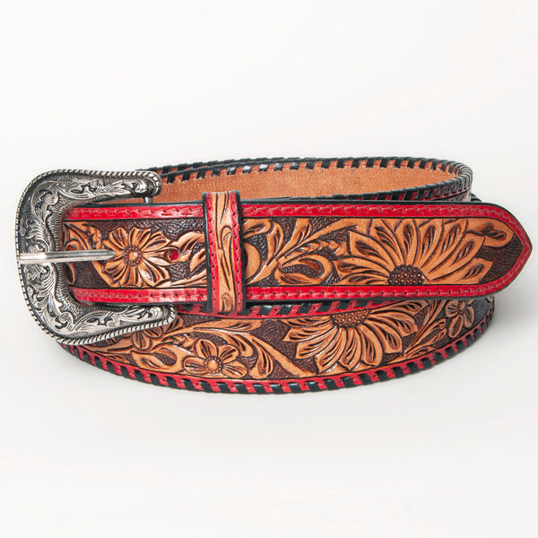 LC-ADBLF103 Hand-Tooled Western Leather Belt with Red Trim and Floral Engraving