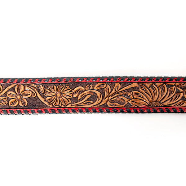 LC-ADBLF103 Hand-Tooled Western Leather Belt with Red Trim and Floral Engraving
