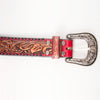 LC-ADBLF103 Hand-Tooled Western Leather Belt with Red Trim and Floral Engraving