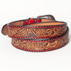 LC-ADBLF103 Hand-Tooled Western Leather Belt with Red Trim and Floral Engraving