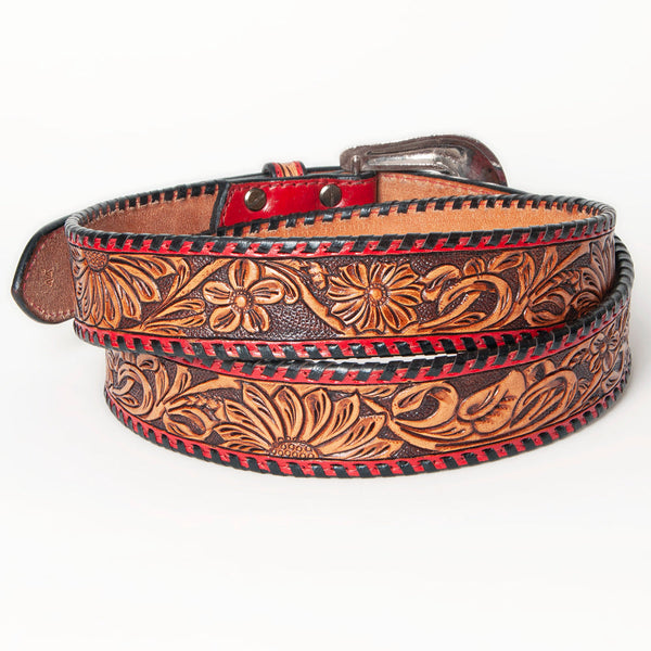 LC-ADBLF103 Hand-Tooled Western Leather Belt with Red Trim and Floral Engraving