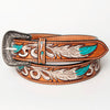 ADBLF107 Hand-Tooled Feather Western Leather Belt White & Turquoise with Engraved Buckle