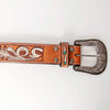 ADBLF107 Hand-Tooled Feather Western Leather Belt White & Turquoise with Engraved Buckle