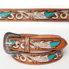 ADBLF107 Hand-Tooled Feather Western Leather Belt White & Turquoise with Engraved Buckle