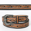 ADBLF109 Tooled Western Leather Belt - Black & Tan with Scrollwork and Silver Buckle