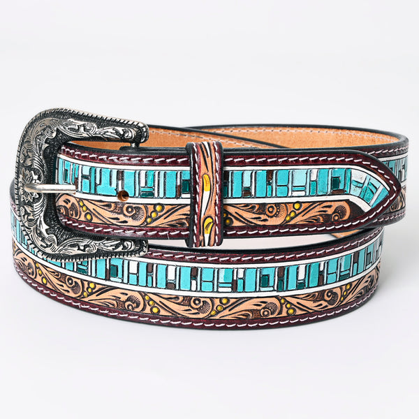 LC-ADBLF153 Hand-Tooled Leather Belt - Turquoise Mosaic & Scroll Carving Design