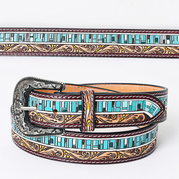 LC-ADBLF153 Hand-Tooled Leather Belt - Turquoise Mosaic & Scroll Carving Design