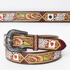 LC-ADBLF156 Tooled Leather Belt - Poker Card Floral Design with Hand-Painted Accents