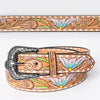LC-ADBLF159 Tooled Leather Western Belt - Pastel Blue & Pink Floral Design